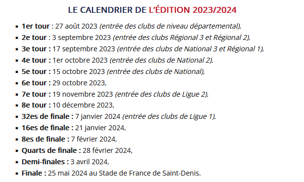 Actualité COUPE DE FRANCE 2023 2024 LE CALENDRIER club Football